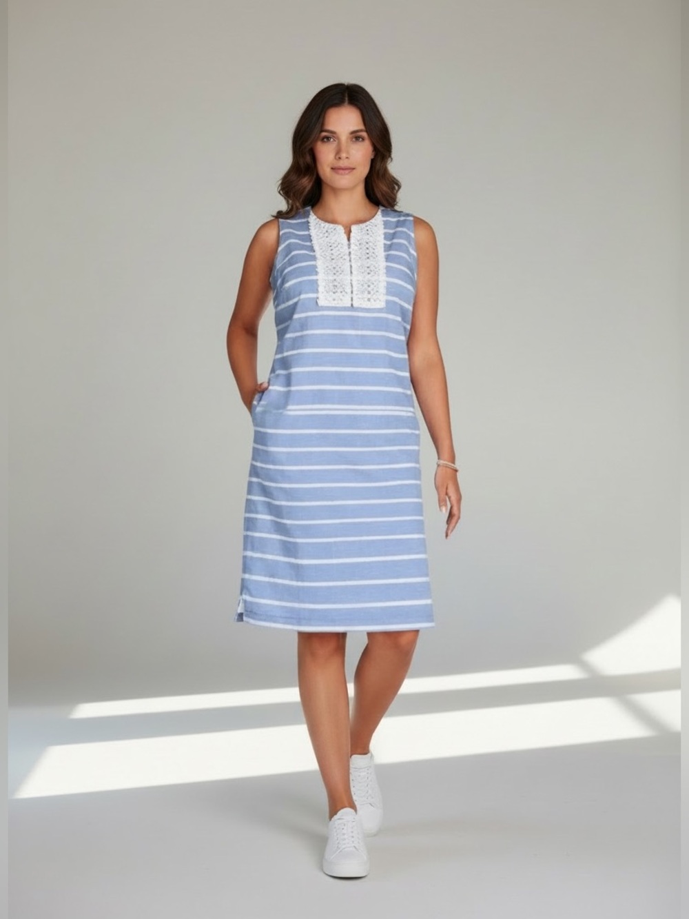 Talbots Linen Cotton Blue & White Striped Sleeveless Dress with Crochet Neck, 12
